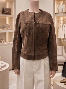 BCBG (Nordstrom) Collarless Brown Suede Leather Moto Jacket | Timeless | Vintage